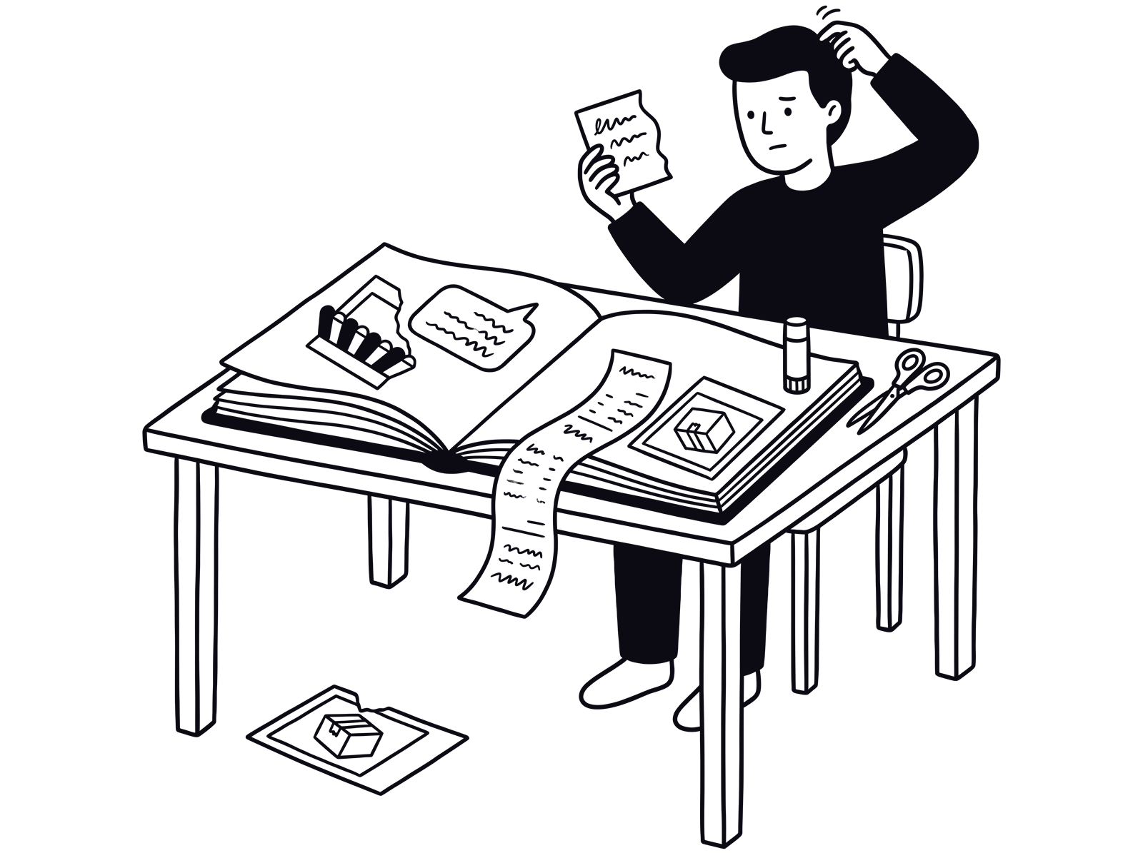 Um cliente, sentado à mesa, tenta montar um caderno de recortes de uma marca com pedaços que não encaixam.