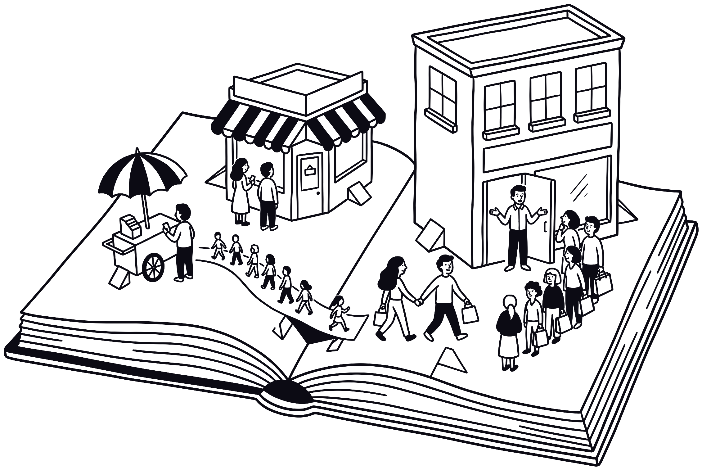 Um livro aberto de onde sai, em pop-up, uma rua que cresce: um carrinho, uma lojinha e uma loja maior com fila na porta.